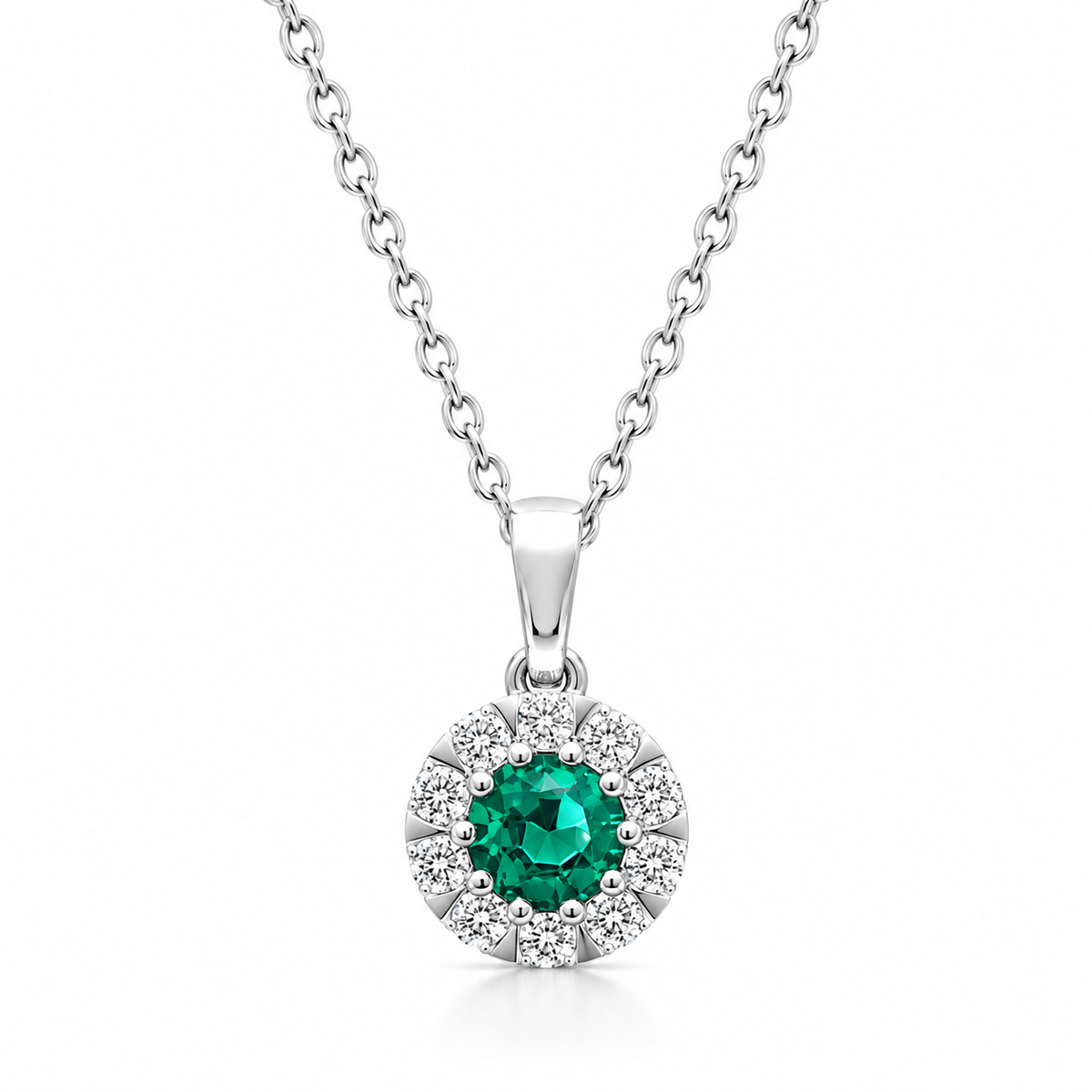 18ct White Gold Emerald Diamond Cluster Pendant