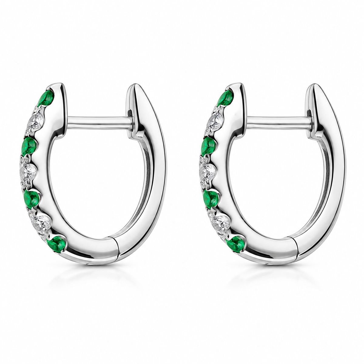 18ct White Gold Emerald and Diamond Huggie Hoop Earrings - Image 2
