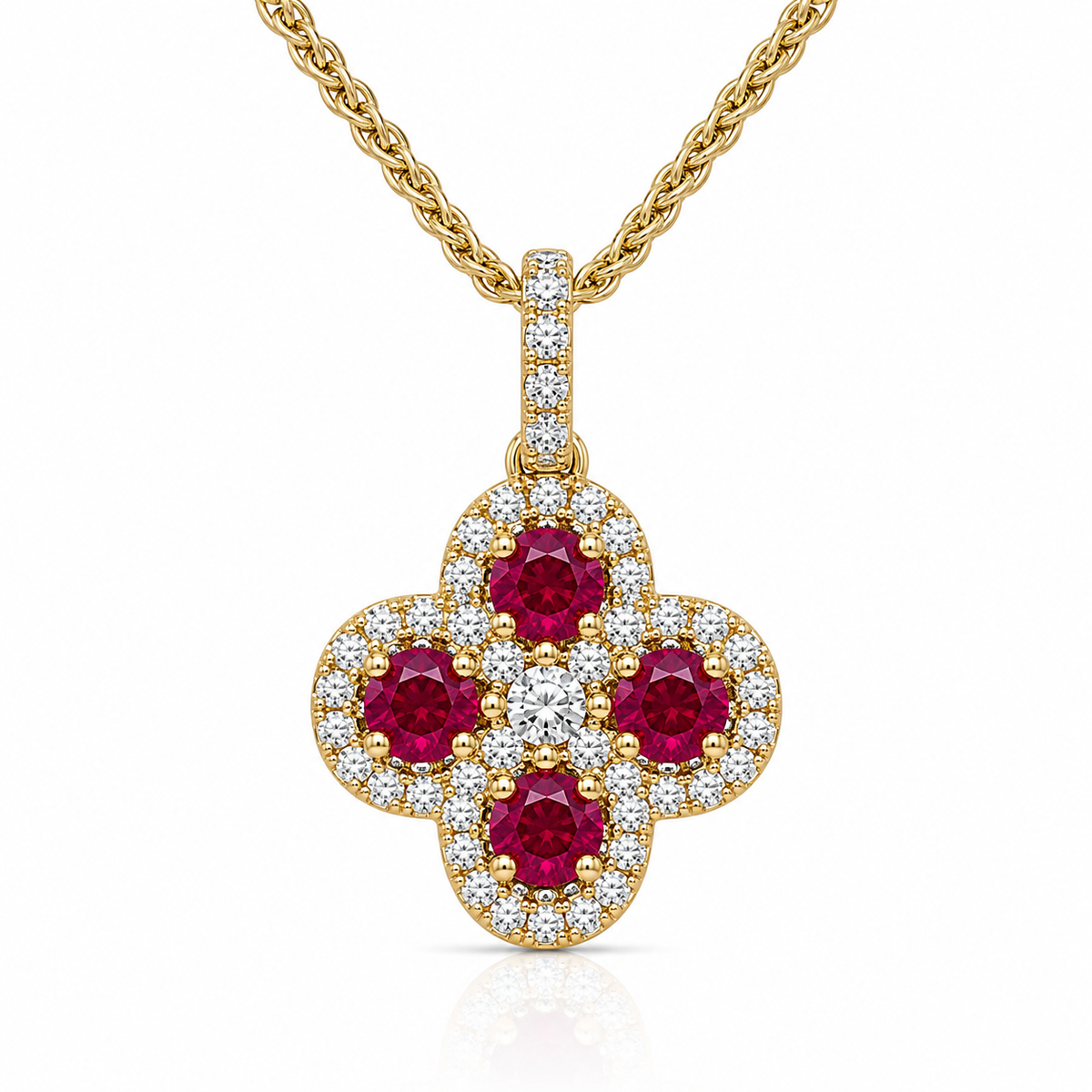 18ct Yellow Gold 0.41ct Round Ruby & 0.27ct Diamond Clover Cluster Pendant & Chain DMN-5002 Image 1
