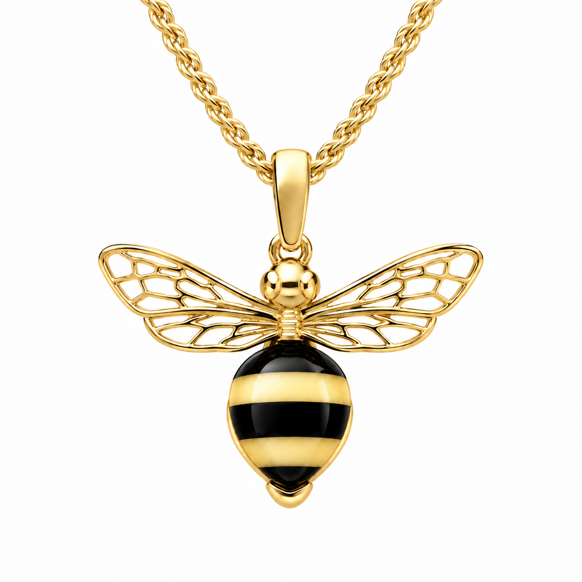 9ct Yellow Gold Whitby Jet Amber Winged Bee Necklace
