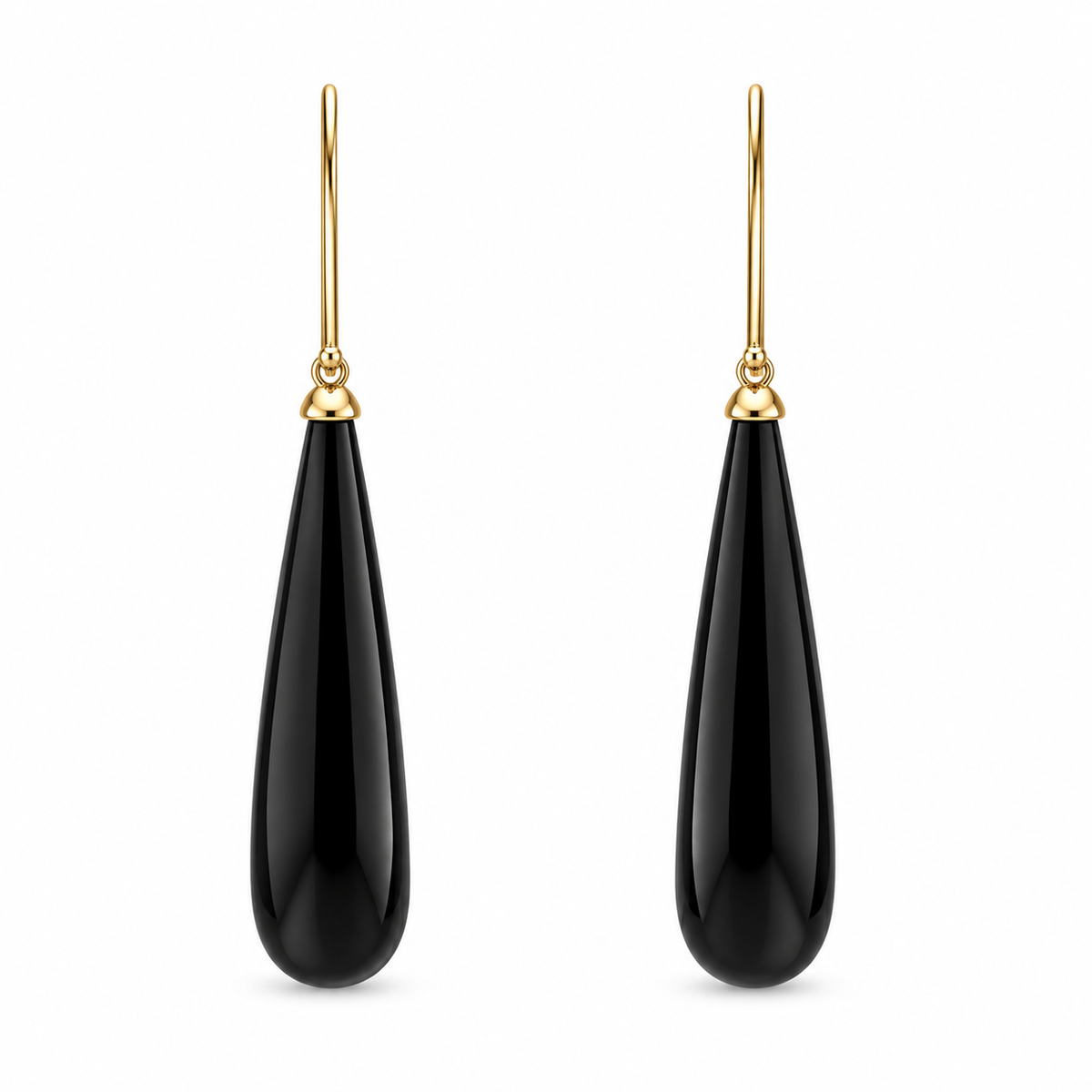 9ct Yellow Gold Whitby Jet Bomb Drop Long Hook Earrings