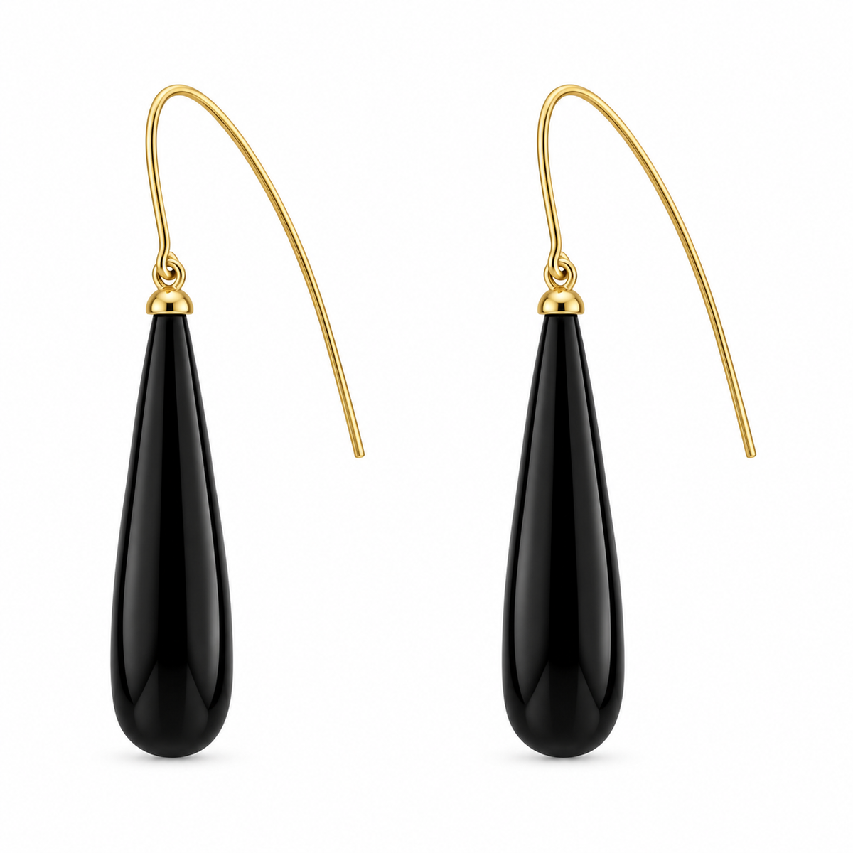 9ct Yellow Gold Whitby Jet Bomb Drop Long Hook Earrings – Image 2