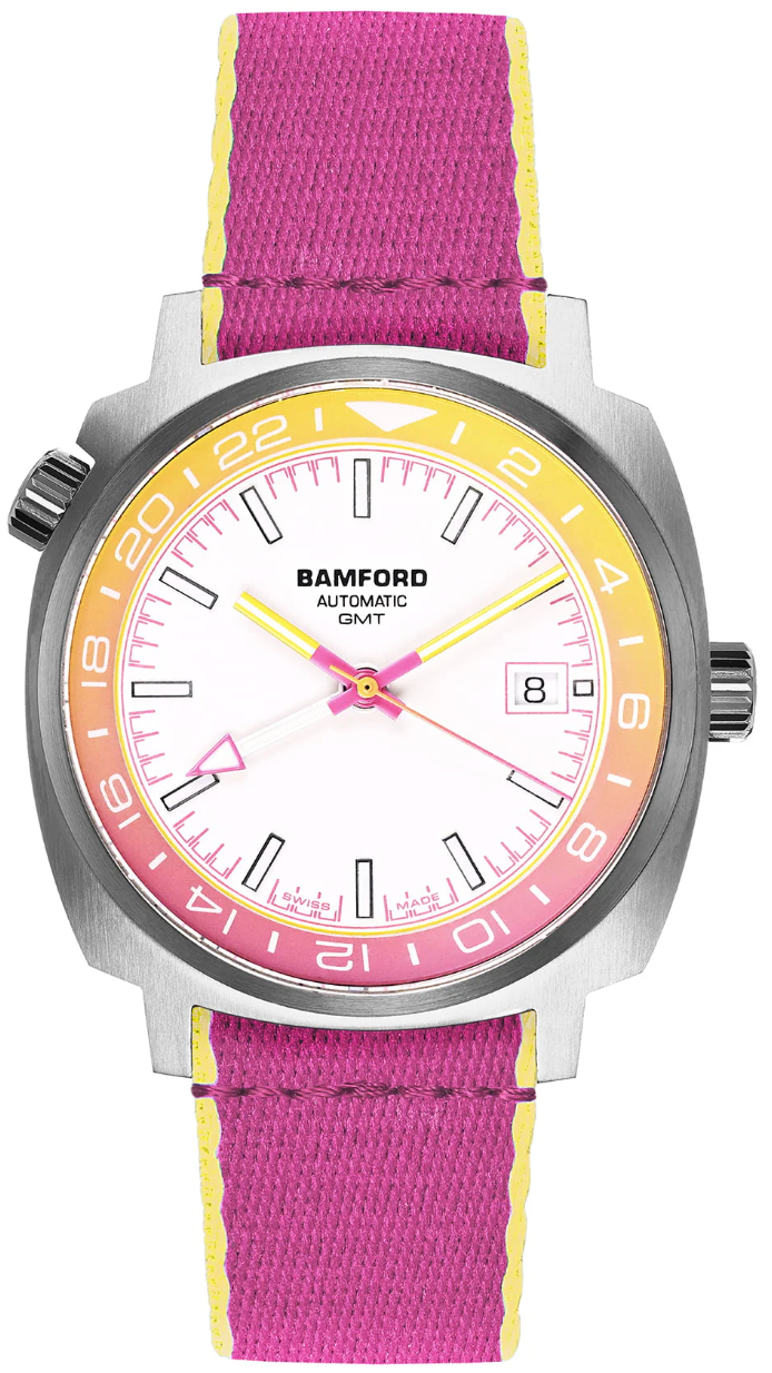 Bamford Summer GMT Sherbet Yellow & Flamingo Pink Watch GMT+1