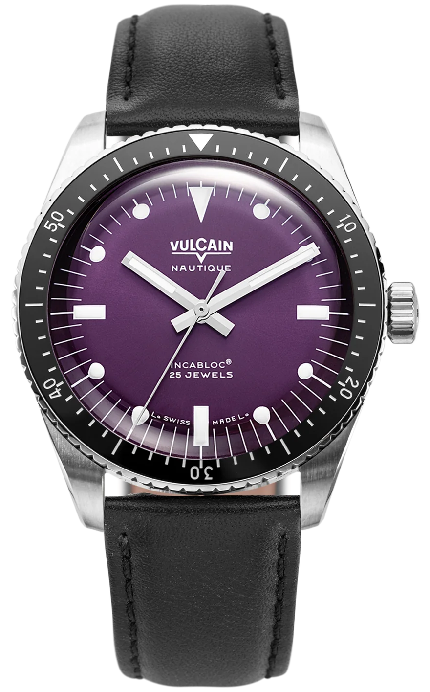 Vulcain Watch Skindiver Nautique Purple Black Leather Limited Edition 660170A17.BAC201