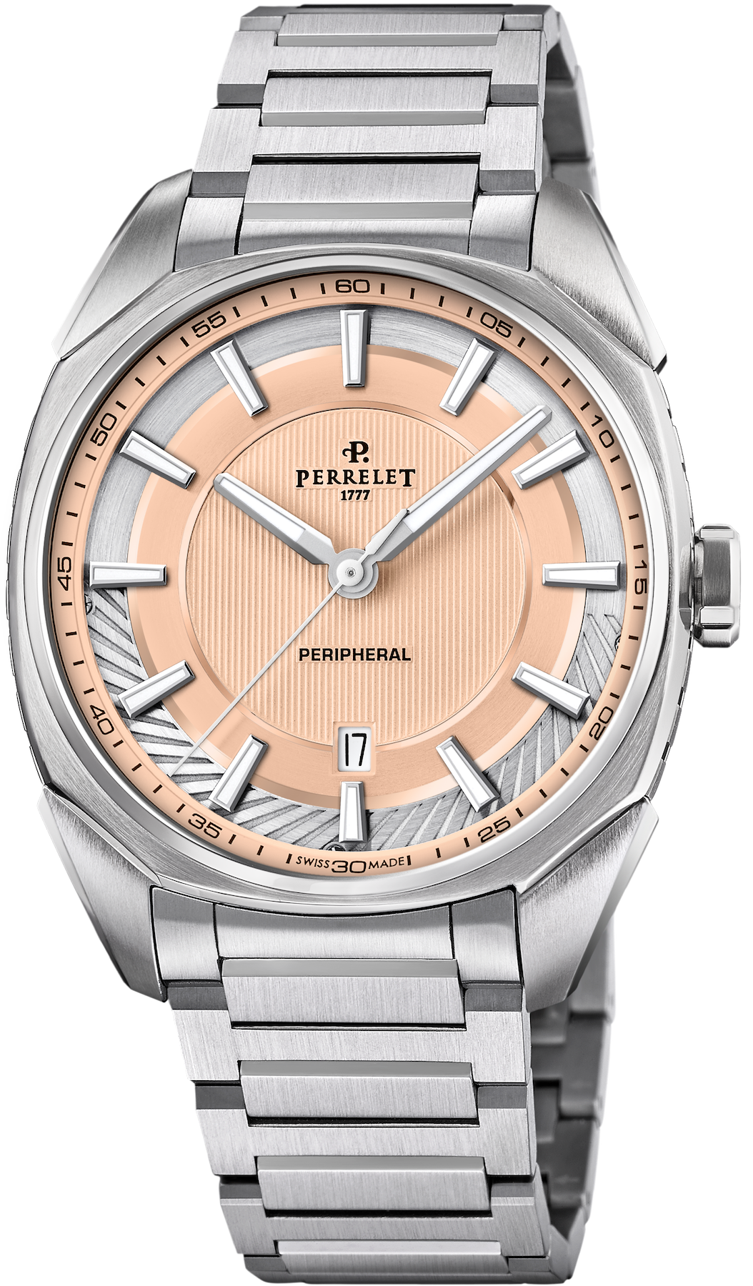 Perrelet LAB Peripheral 3 Hands & Date Salmon Bracelet Watch A1100/E