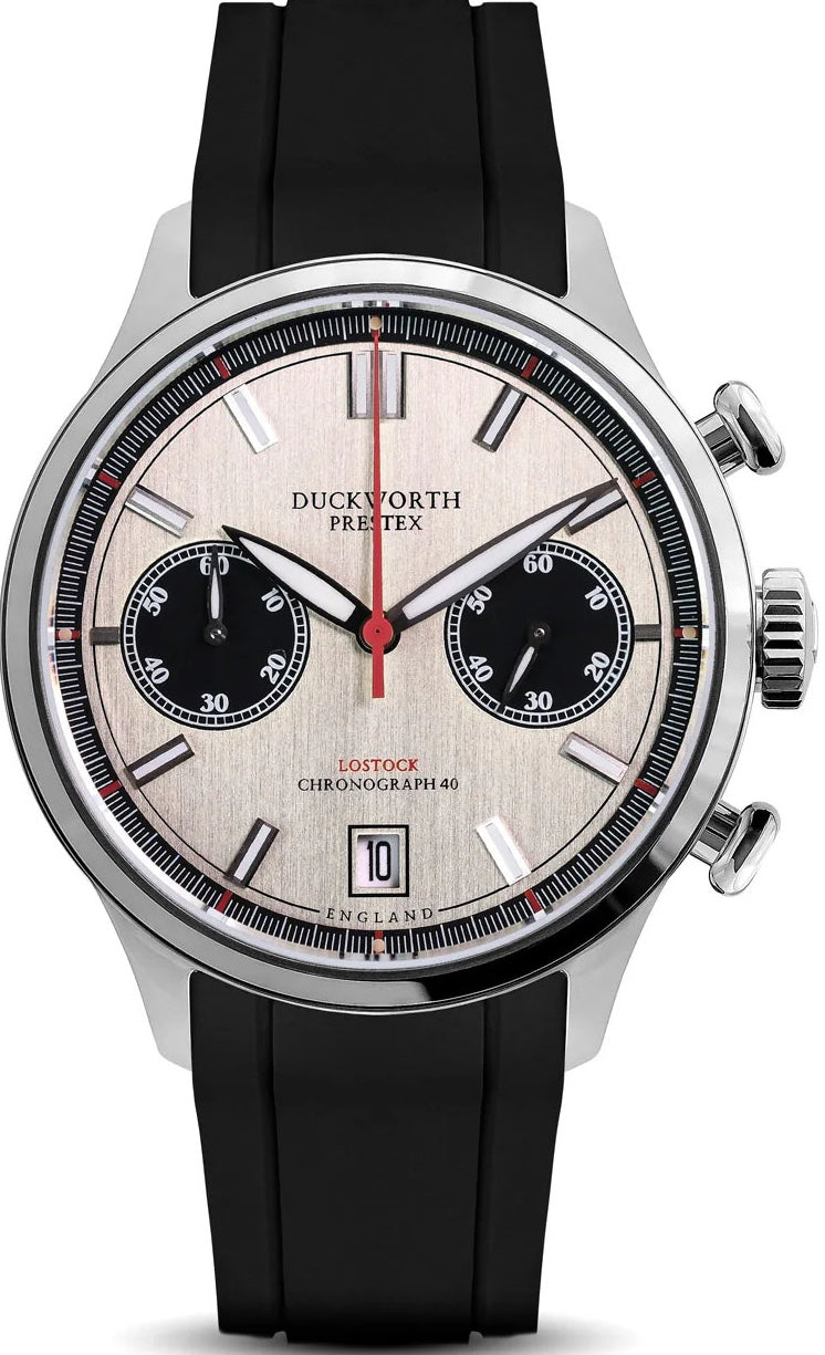 Duckworth Prestex Watch Lostock Silver 40mm Quartz Chronograph Black Rubber D547-11 AR