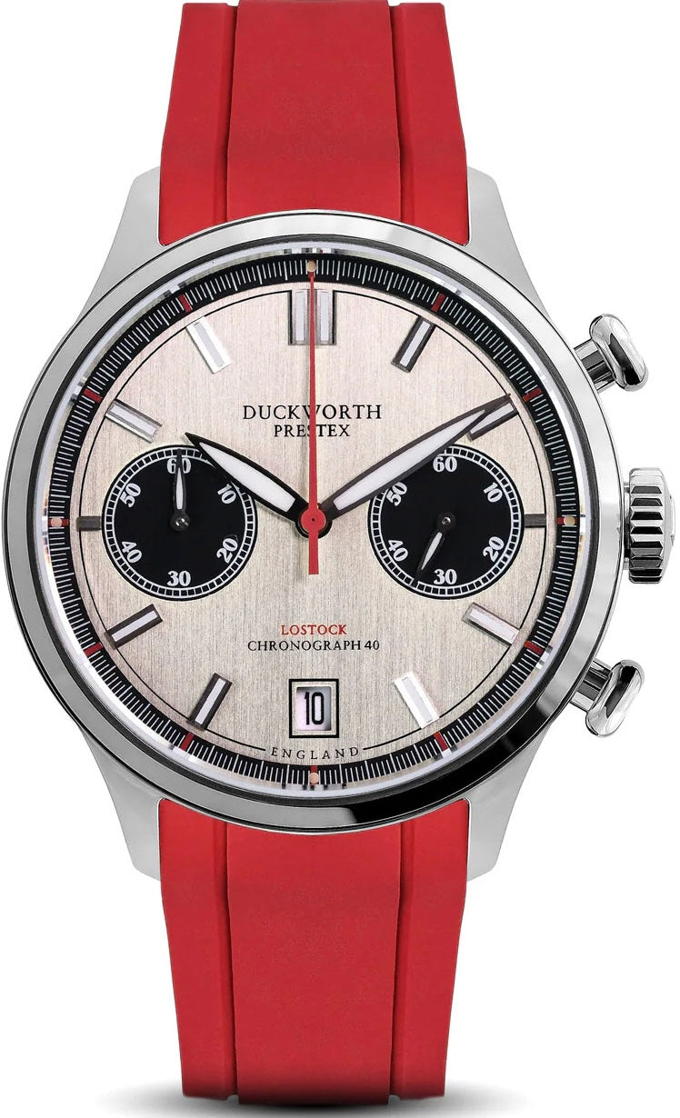 Duckworth Prestex Watch Lostock Silver 40mm Quartz Chronograph Red Rubber D547-11 RR
