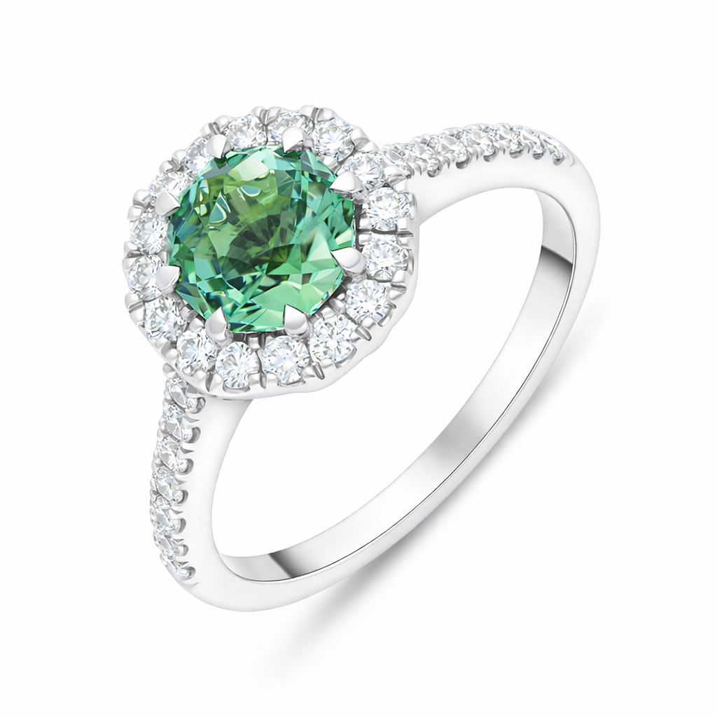 18ct White Gold Green Tourmaline Diamond Shoulder Set Octagon Cluster Ring H568 Image 1