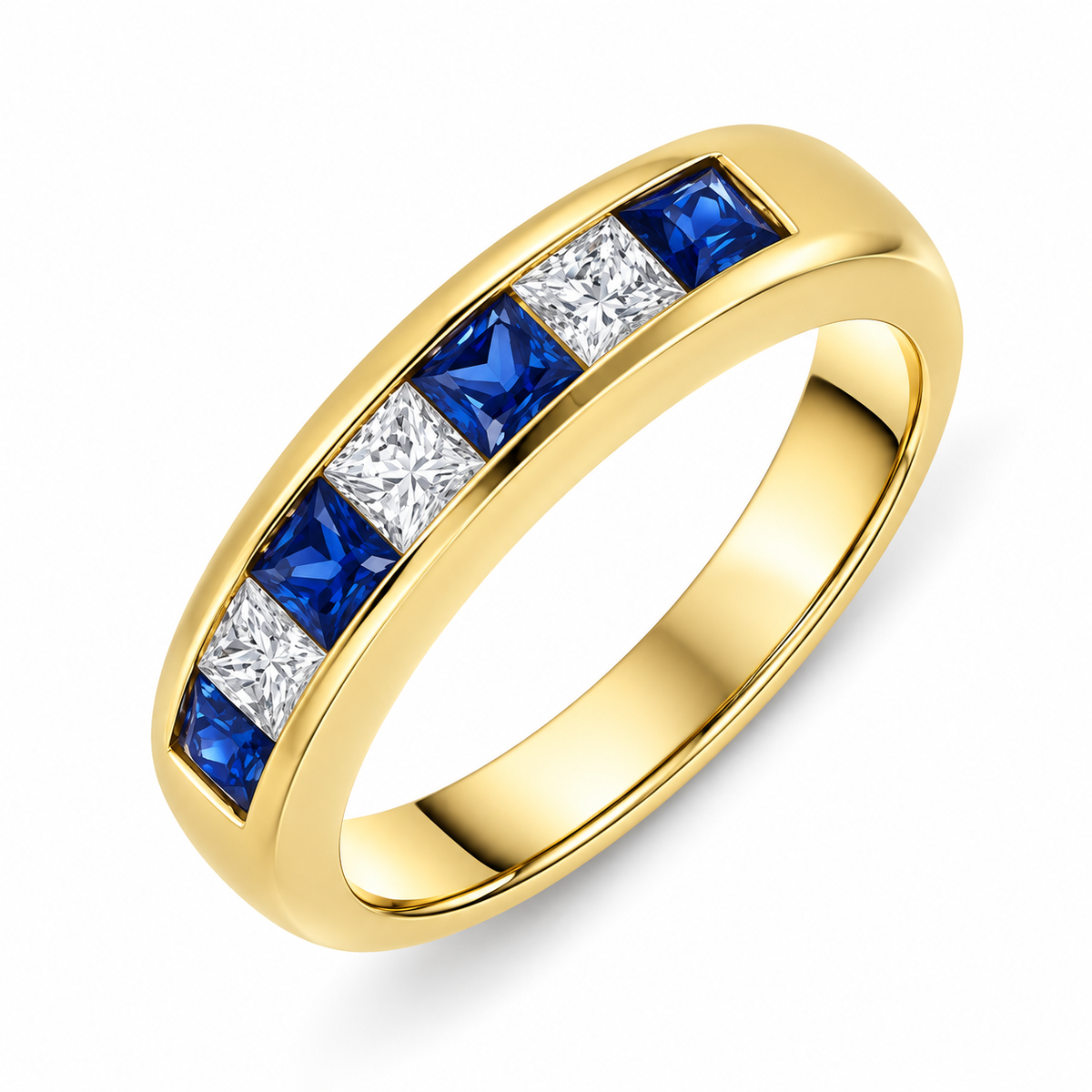 18ct Yellow Gold Sapphire Diamond Princess Cut Half Eternity Ring