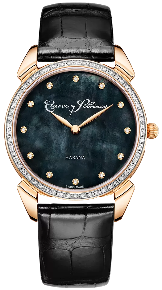 Cuervo y Sobrinos Watch Historiador Primera Dama Gold PVD Diamond Black 3113.7N-S1