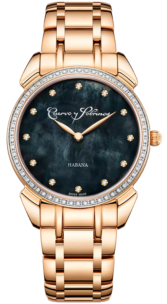 Cuervo y Sobrinos Watch Historiador Primera Dama Gold PVD Diamond Black Bracelet 3113B.7N-S1