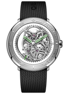 CIGA Design Vector Carbon Stainless Steel Edition skeleton automatic watch front dial view featuring stainless steel case, exposed mechanical movement and black woven rubber strap