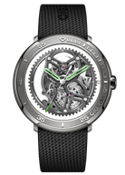 CIGA Design Vector Carbon Titanium Edition skeleton automatic watch front dial view featuring titanium case, exposed mechanical movement and black woven rubber strap