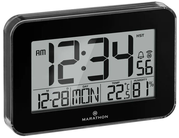 Marathon Clock Crystal Framed Atomic Wall Temperature & Humidty Black CL030060-BK-00-EU1