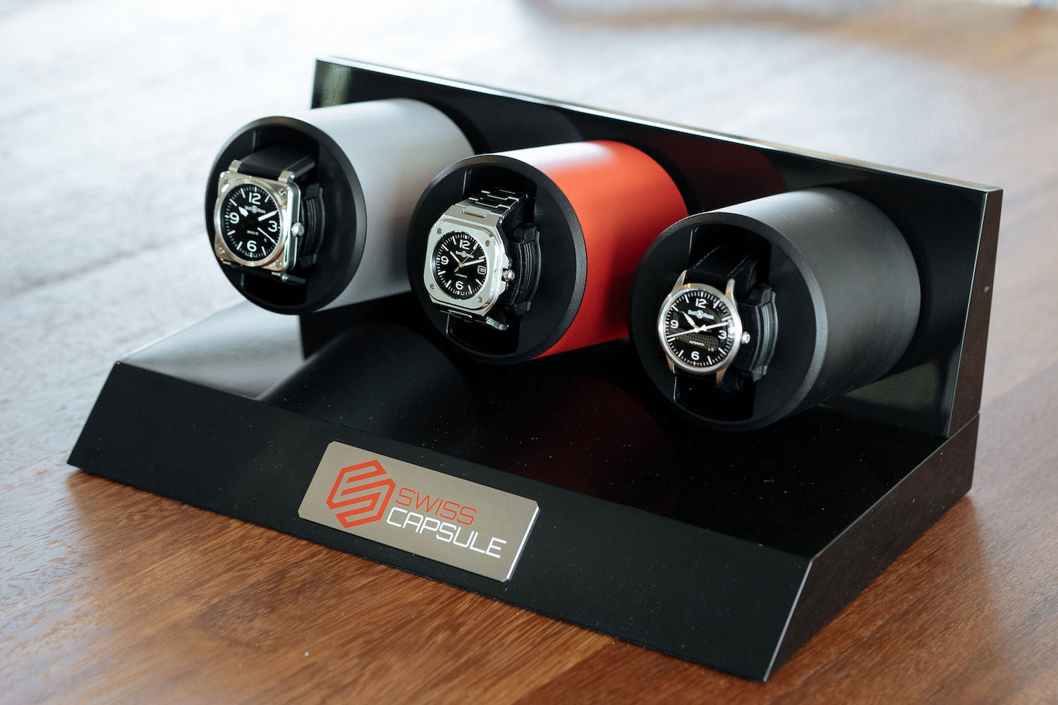 Swiss Capsule Watch Winder Triple Rack Red Silver Black PR3 PC 001